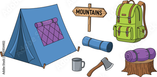 Essential camping and hiking gear set with tent, backpack, sleeping mats, axe, mug, and mountain sign for outdoor adventure.