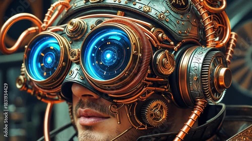 Intricate close up shot of a detailed Steampunk VR headset, featuring copper plating, gears, and glowing blue digital lenses