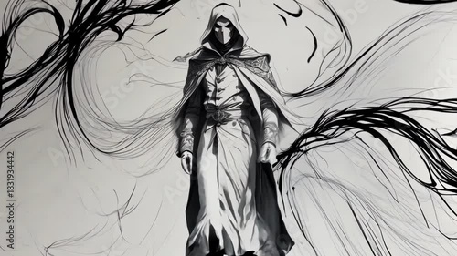 Dramatic, black and white sketch style of a mysterious hooded figure wearing a mask, surrounded by swirling, expressive black ink or shadow effects
