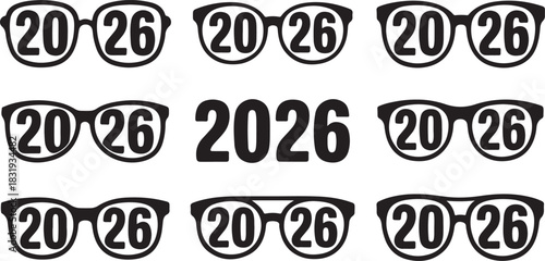 New Year 2026 Glasses and Text Icons on a White Background Keywords: 2026, new year, glasses, spectacles, eyewear, text, number, celebration, event, party, holiday, future, year, graphic, icon