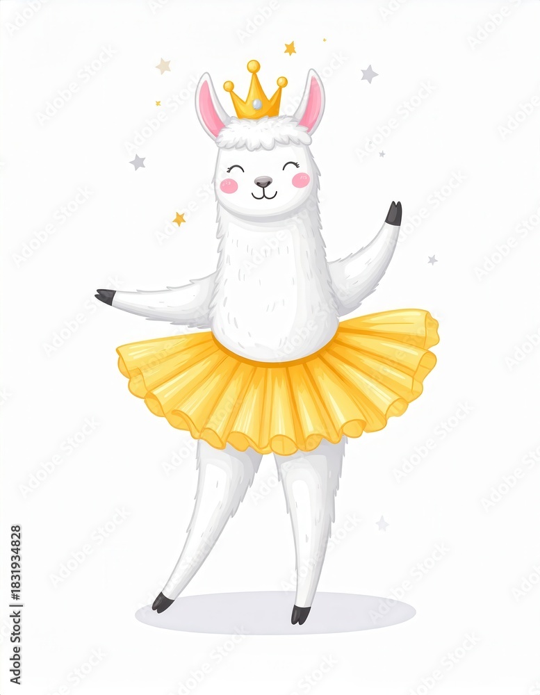 Obraz premium A charming cartoon illustration of a ballerina llama wearing a tutu and a crown, set against a backdrop of stars.