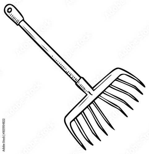 Sketch of a garden pitchfork with long tines and a handle with a hanging loop