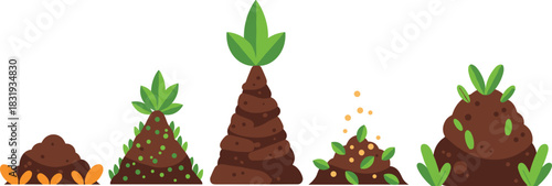 Compost pile illustration, organic recycling stages, soil enrichment process, plant growth vector, sustainable gardening graphic, decomposition and nutrient cycle