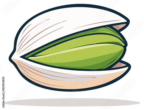 Green Pistachio Nut With Open Shell, Simple Cartoon Style Illustration