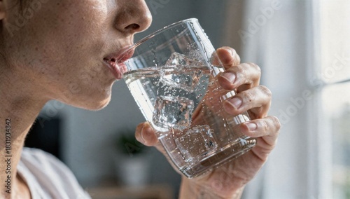 Person taking a refreshing sip of cold water with ice from a glass