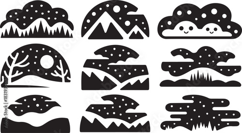 Nine black and white stylized landscape and cloud icons with dotted patterns Keywords: landscape, mountain, hill, cloud, sky, nature, weather, abstract, design, graphic, icon, set, collection