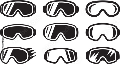 Nine black and white icons of ski goggles and snowboarding goggles with motion effects Keywords: ski goggles, snowboarding goggles, eyewear, winter sports eyewear, snow goggles, protective eyewear