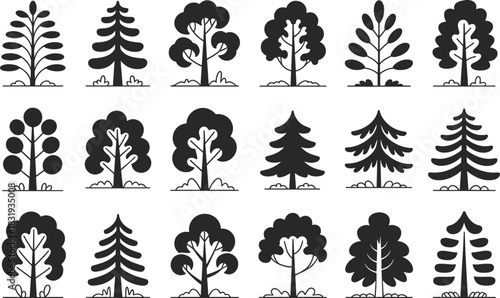 Collection of stylized black tree icons on white background