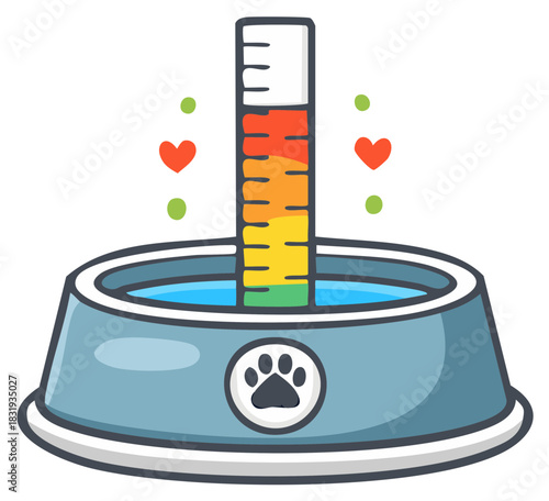 Pet food quality meter with heart icons and paw print on a bowl