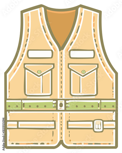 Cartoon style illustration of a beige safari vest with pockets and green accents.