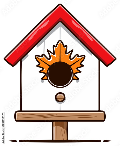Whimsical birdhouse with autumn leaf emblem invites feathered friends to roost and nest illustration