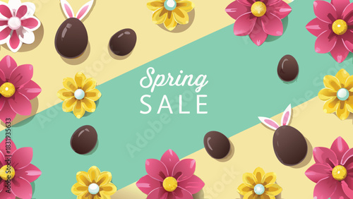 Spring sale announcement with chocolate easter eggs and colorful paper flowers on a diagonal background