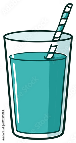 A tall glass of refreshing turquoise liquid with a striped straw inside