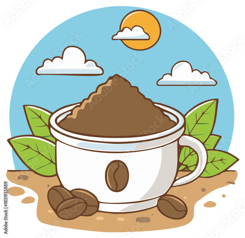 A white coffee cup overflowing with ground coffee beans sits outdoors surrounded by coffee leaves and beans