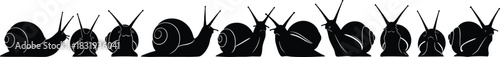 Row of Snail Silhouettes Vector Illustration Showing Side and Front Views, Perfect for Nature, Slowness, Garden Life, and Concepts of Patience or Deliberate Progress