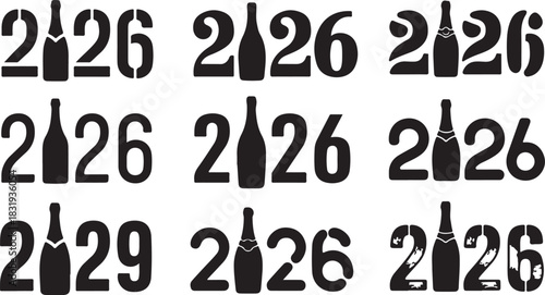Nine black silhouette numbers and champagne bottles representing years 2026 and 2029 on a white background