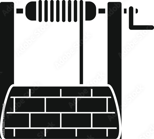 Simple black and white icon of a water well with crank and rope lifting system on brick base