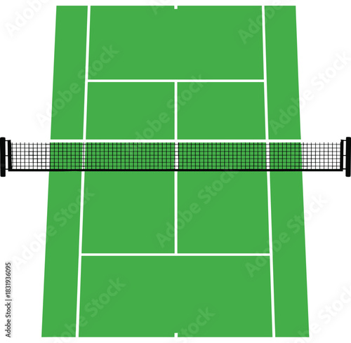 Overhead View Vector Illustration of a Regulation Green Tennis Court with White Boundary Lines and Black Net, Perfect for Sports, Game, and Fitness Graphics