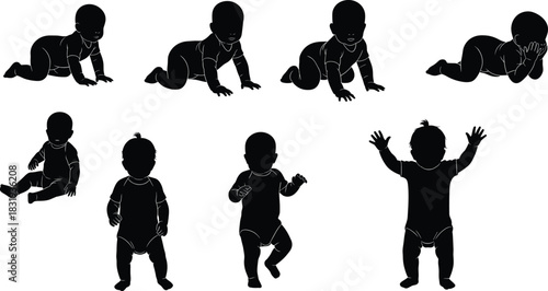 Baby Silhouette Evolution Vector Set Depicting Newborn Developmental Stages from Crawling and Sitting to Standing and Walking, Ideal for Parenting and Growth Concepts