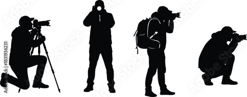 Professional Photographer Silhouettes Vector Set Depicting Various Action Poses Including Kneeling, Crouching, and Using a Tripod for Media, Travel, and Journalism Concepts