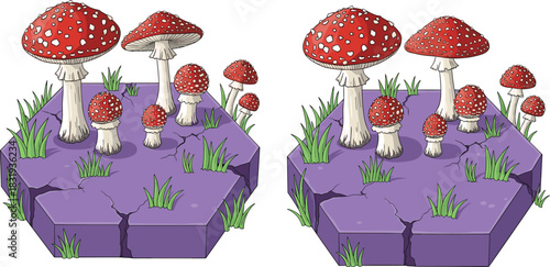 Fantasy purple cracked platforms with cartoon mushrooms and grass patches, whimsical floating tiles for game UI or magical environment design.