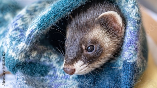 Adorable ferret snuggled in a cozy blue knit blanket looking directly at the camera