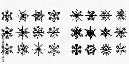 A collection of various snowflake designs in black and white, arranged in a grid pattern.
