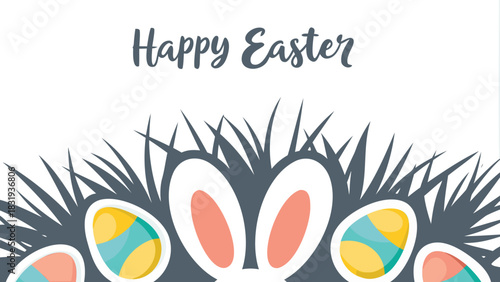 Happy easter greeting with cute bunny ears and colorful eggs peeking out from behind grass in a simple flat design illustration with copy space