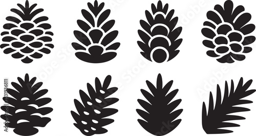 Set of Black Silhouette Pine Cone and Pine Needle Illustrations Keywords: pine cone, pine needles, nature, winter, christmas, holiday, decoration, silhouette, graphic, design, illustration, object