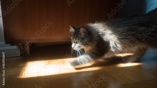 Fluffy gray cat prowls across sunlit hardwood floor in a domestic setting indoors