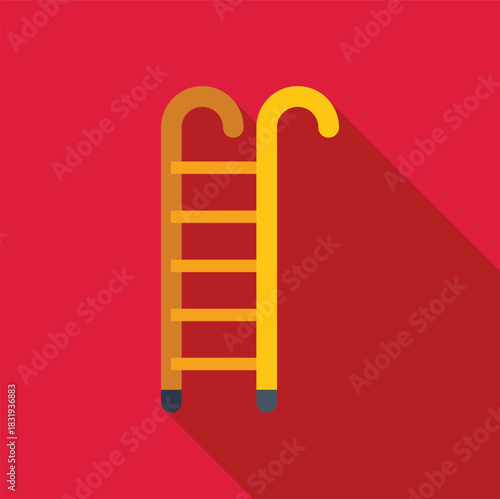 Minimalist flat design of a yellow wooden step ladder casting a long shadow on a red wall, ideal for safety, construction, diy and home improvement concepts