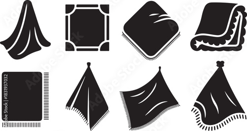 Set of eight black silhouette icons representing different styles of folded and hanging blankets and towels on a white background