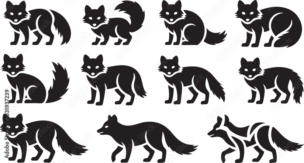 Obraz premium Set of eleven black silhouette fox icons in various poses and styles Keywords: fox, silhouette, icon, animal, wildlife, canine, mammal, nature, graphic, design, element, illustration, black and