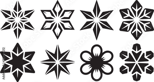 Set of Eight Black Snowflake and Star Geometric Icons on White Background Keywords: snowflake, star, geometric, icon, symbol, design, graphic, illustration, element, decoration, pattern, black