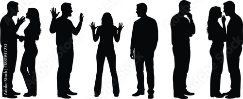 Conversation silhouette illustration, people interaction poses, emotional body language, discussion gestures, human communication art, black graphic, expressive figures