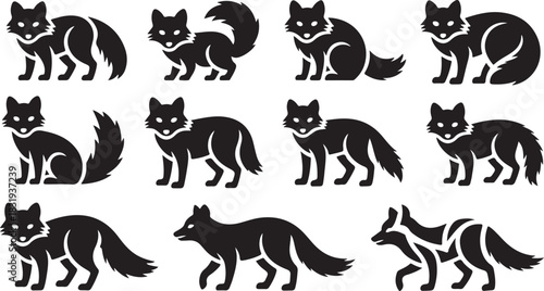 Set of eleven black silhouette fox icons in various poses and styles Keywords: fox, silhouette, icon, animal, wildlife, canine, mammal, nature, graphic, design, element, illustration, black and