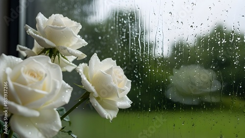 white rose with water drops di jendela kaca