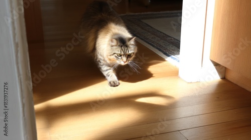Fluffy tabby cat walking confidently across sunlit hardwood floor indoors at home
