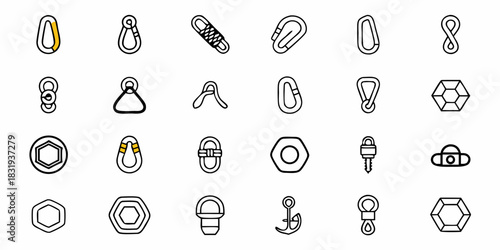 Illustration of various climbing equipment and tools including carabiners ropes and other hardware items