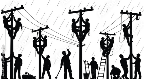 Utility, worker, silhouette, power, line, repair, rain, ladder, pole, harness, tool, vector, black, pose, weather, maintenance, teamwork, safety, infrastructure, flavector