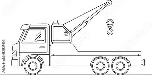 Tow, truck, line, drawing, pulley, hook, crane, flatbed, cab, wheels, vector, black, mechanical, transport, lift, schematic, vehicle, recovery, equipment, flavector