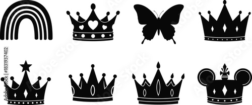Crown and rainbow silhouette icons, butterfly graphic, black vector symbols, decorative royal elements, fantasy design set, emblem illustration