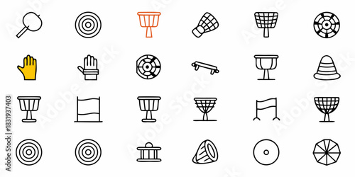 Illustration of sporting equipment and musical instruments including drums gloves and targets in rows