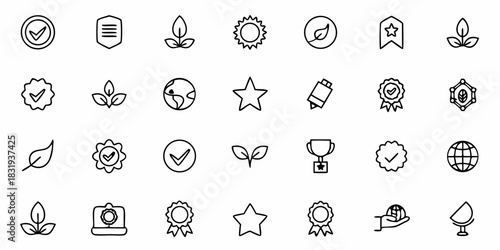 Collection of various outline icons including check marks, leaves, stars, globes, and awards arranged neatly