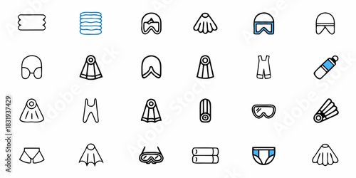 Collection of swimming related items including goggles, swimsuits, and towels in a vector image