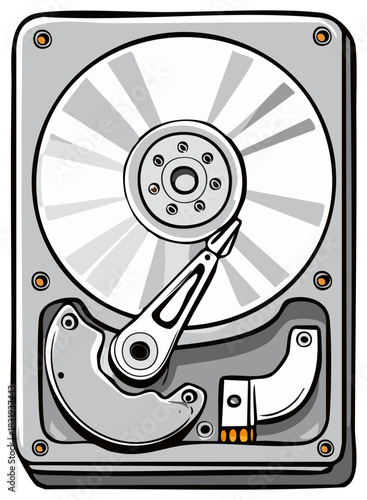 Vector illustration of an open computer hard disk drive with platter and actuator arm