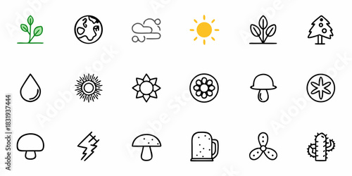 Collection of nature themed icons including plants, weather, and natural elements in outline style