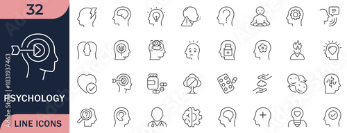 Editable vector line icons. For mental health, psychology, and wellness. Covers concepts like mind, brain, stress, depression, imagination, problem-solution, treatment, and psychotherapy. Minimalist a
