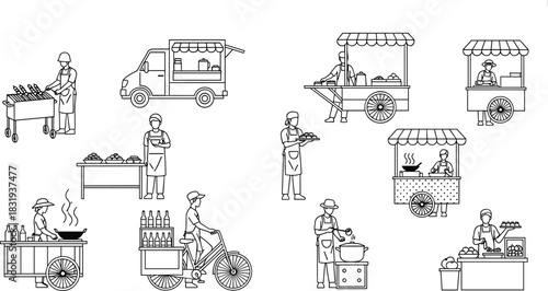 Street, food, vendor, silhouette, cart, canopy, grill, pot, bicycle, table, fruit, juice, vector, black, cooking, serving, setup, mobile, snack, flavector