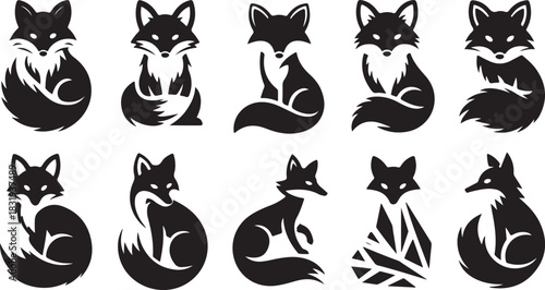 Set of Stylized Fox Silhouettes in Various Poses animal wild